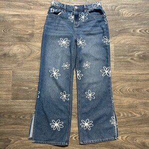 Justice Girls Wide Leg Flower SZ 16 Jeans Side Slit Y2K Floral Denim Daisy 70's